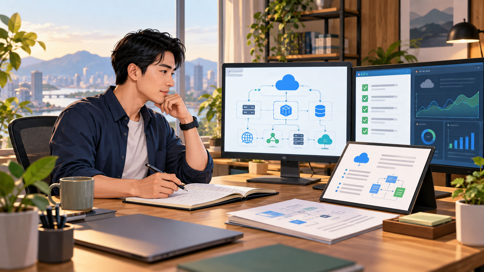 Illustration of a cloud professional reviewing an architecture diagram, deployment checklist and project notes.